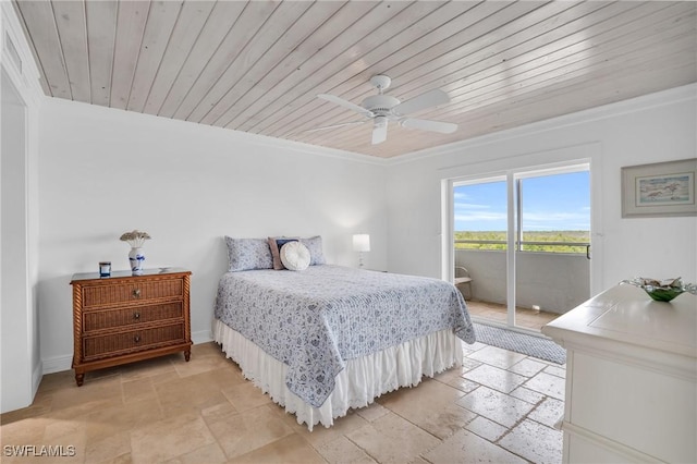 bedroom with wooden ceiling, access to exterior, and ceiling fan