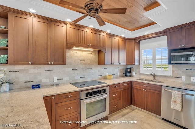 kitchen with open shelves, a sink, stainless steel appliances, a tray ceiling, and wooden ceiling