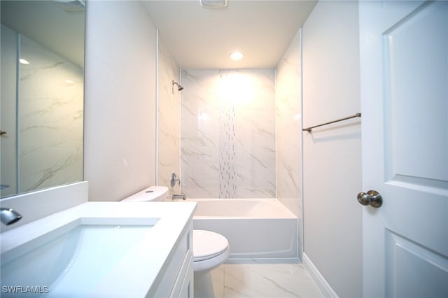 full bathroom featuring vanity, tiled shower / bath combo, and toilet