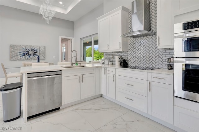 kitchen with backsplash, white cabinets, wall chimney range hood, sink, and appliances with stainless steel finishes