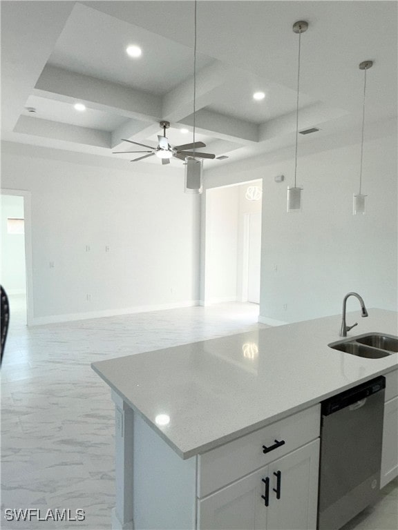 kitchen featuring white cabinets, stainless steel dishwasher, hanging light fixtures, and sink