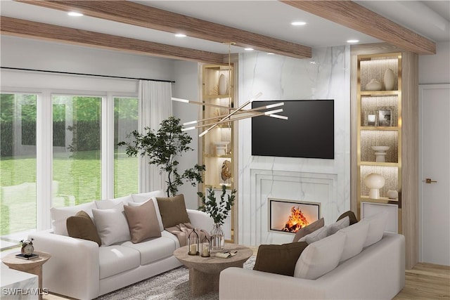 living room featuring wood-type flooring and a premium fireplace