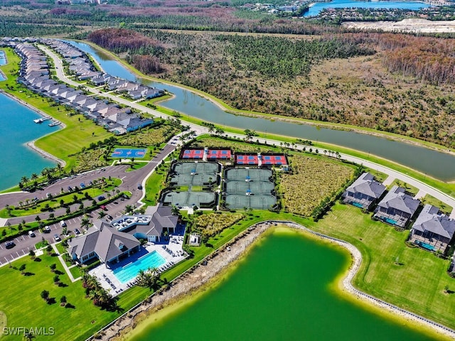 drone / aerial view with a water view