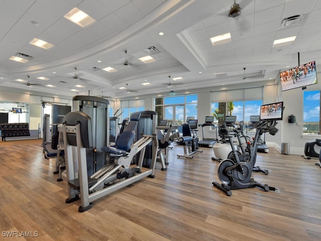 exercise room with a wealth of natural light, light wood-type flooring, and ceiling fan