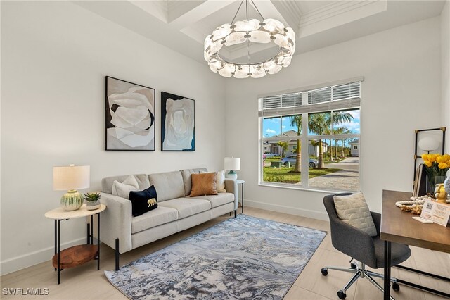 office featuring beamed ceiling, an inviting chandelier, and coffered ceiling