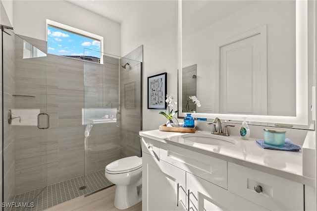 bathroom featuring walk in shower, vanity, and toilet