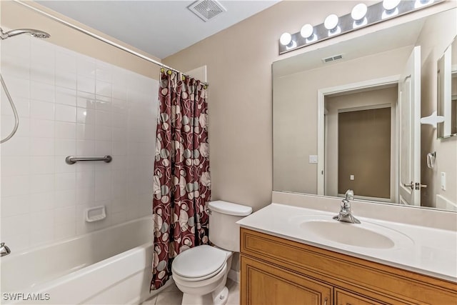 full bathroom featuring shower / bathtub combination with curtain, vanity, and toilet