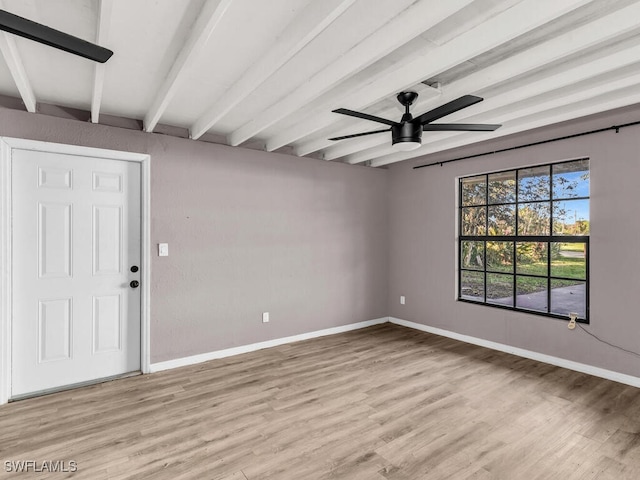 unfurnished room with beamed ceiling, light wood-type flooring, and ceiling fan