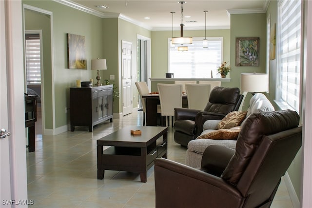 tiled living room featuring ornamental molding