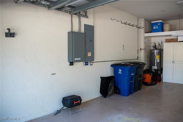 garage with electric panel and water heater