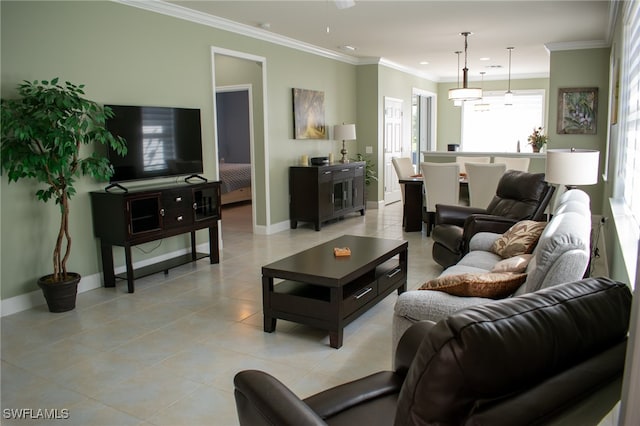 tiled living room with crown molding