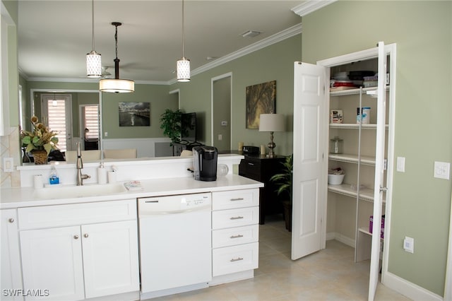 bathroom with tile patterned flooring, crown molding, and vanity