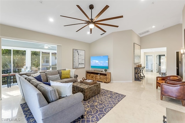 living room featuring vaulted ceiling and ceiling fan