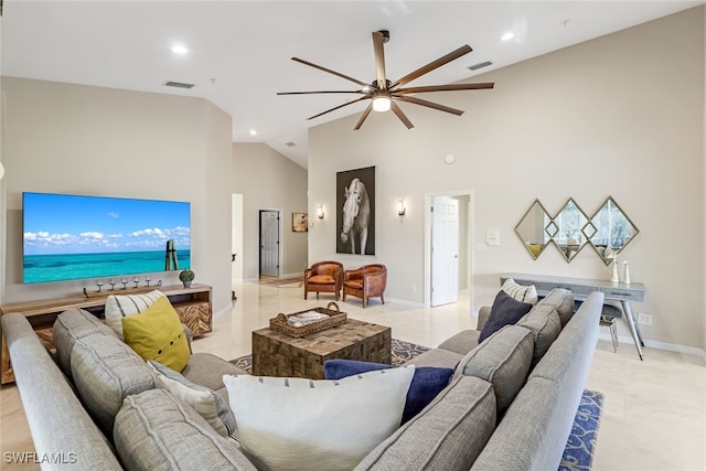 living room featuring high vaulted ceiling