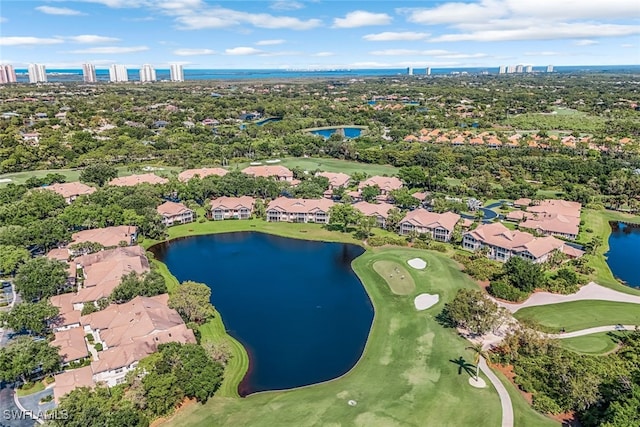 bird's eye view with a water view