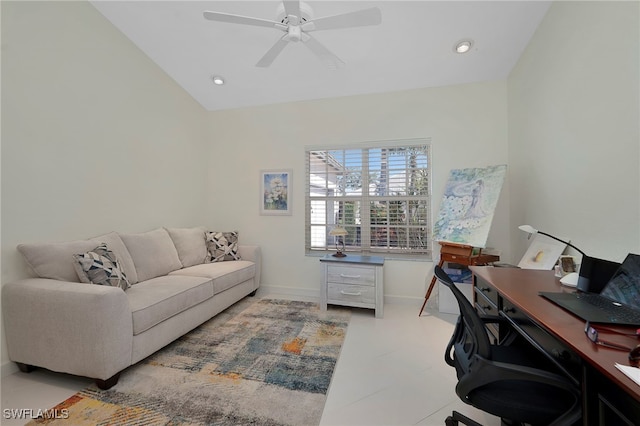 office area featuring ceiling fan and vaulted ceiling