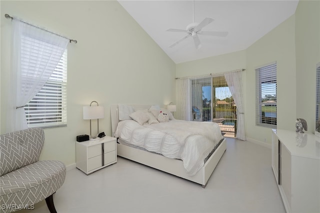 bedroom with ceiling fan, access to exterior, and high vaulted ceiling