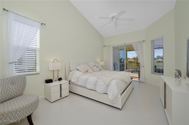 28450 Rochester Ct, Bonita Springs, FL 34135 - bedroom with access to exterior, a ceiling fan, and high vaulted ceiling