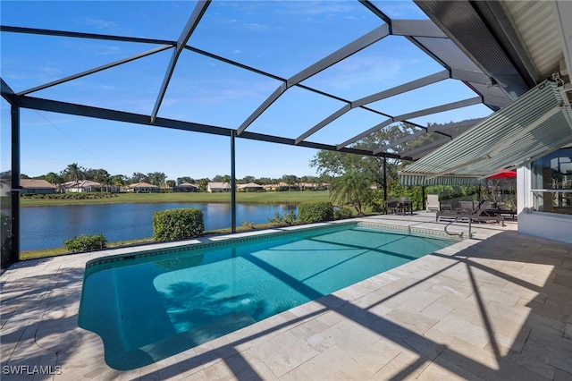 view of pool featuring a patio, a water view, and a lanai