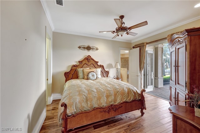 bedroom with access to outside, ceiling fan, crown molding, and light wood-type flooring