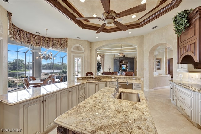 kitchen with a tray ceiling, sink, a spacious island, and ornamental molding