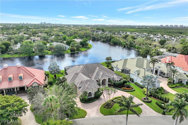 drone / aerial view with a water view