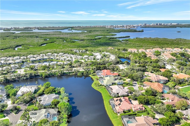 drone / aerial view featuring a water view