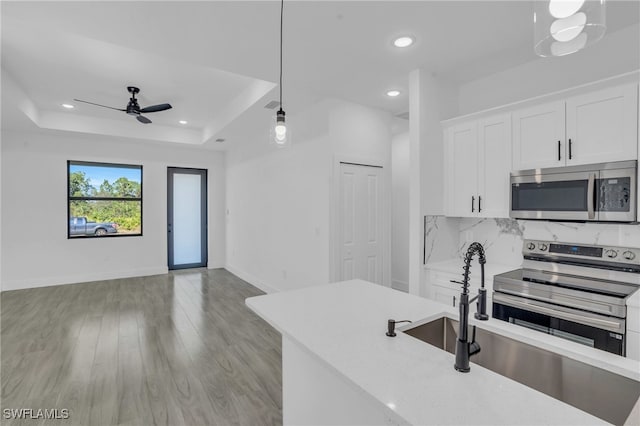 kitchen with hanging light fixtures, stainless steel appliances, a raised ceiling, light hardwood / wood-style floors, and white cabinets