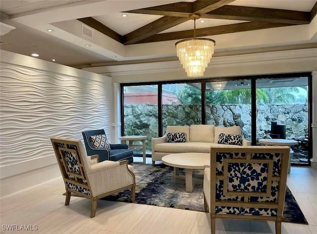 sunroom / solarium with beam ceiling and an inviting chandelier