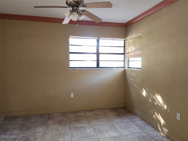 unfurnished room with a wealth of natural light, ornamental molding, and ceiling fan