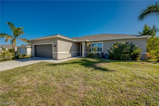 single story home with a front yard and a garage