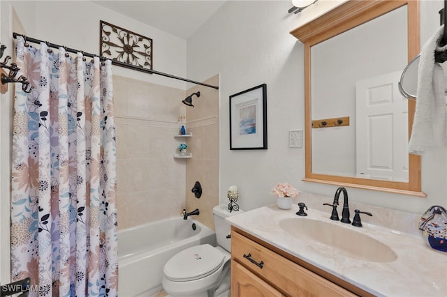 full bathroom with vanity, toilet, and shower / bathtub combination with curtain