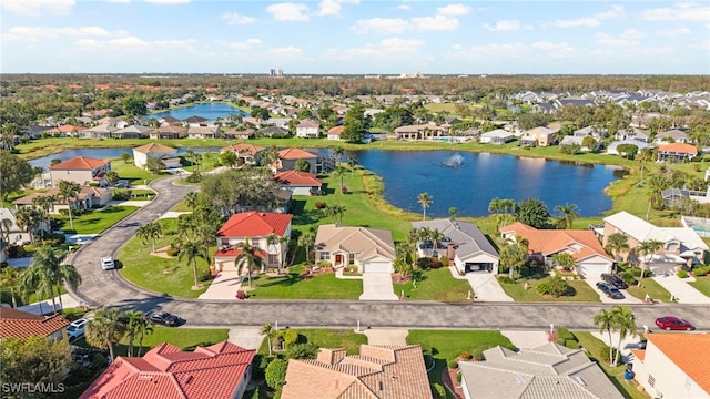 bird's eye view with a water view