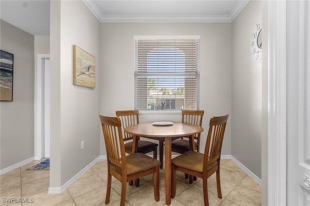 tiled dining space with crown molding