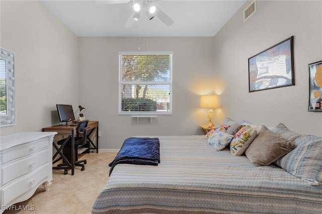 bedroom featuring light tile patterned floors and ceiling fan