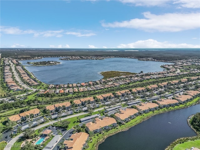 drone / aerial view featuring a water view