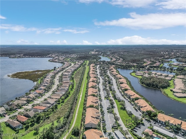 bird's eye view with a water view