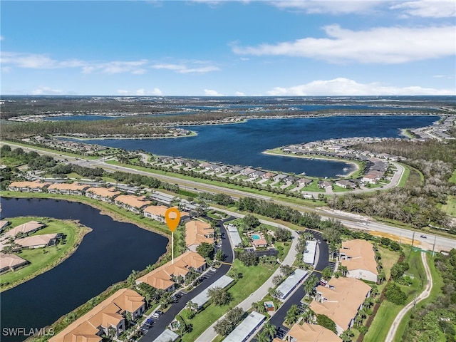 aerial view featuring a water view