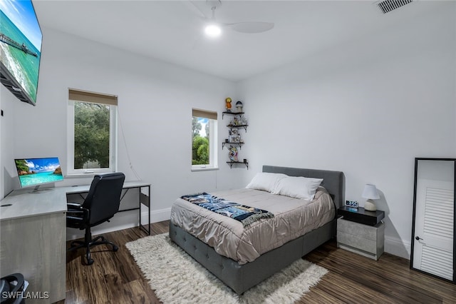 bedroom featuring multiple windows and dark hardwood / wood-style flooring