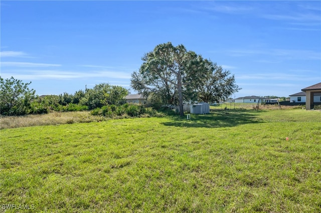 view of yard with a storage shed