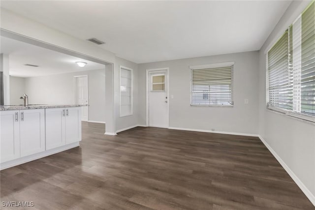 unfurnished living room featuring sink and dark hardwood / wood-style flooring