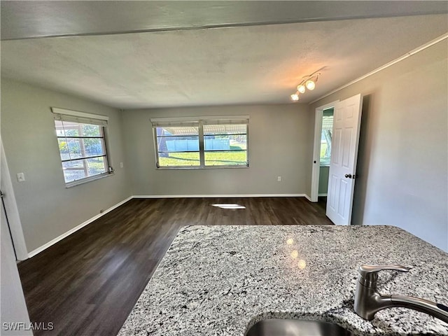 interior space featuring dark hardwood / wood-style flooring, sink, and light stone counters