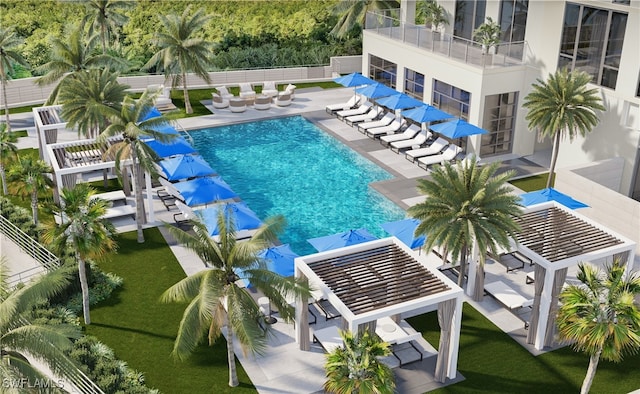 view of pool featuring a patio