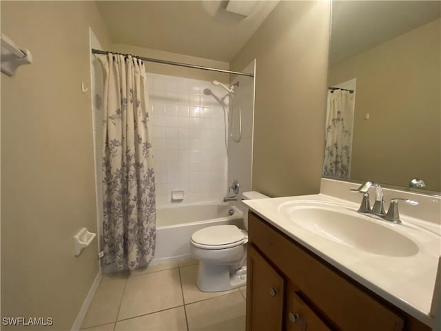 full bathroom featuring tile patterned flooring, vanity, toilet, and shower / bathtub combination with curtain