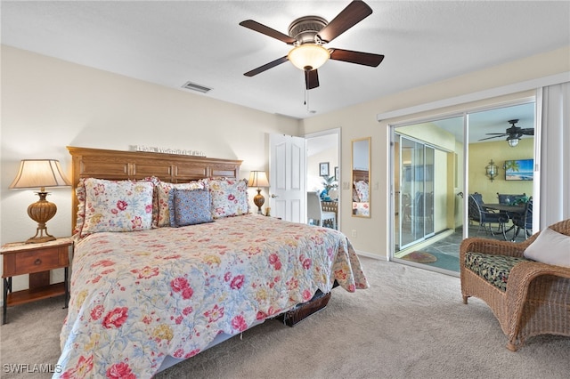 bedroom with access to exterior, light colored carpet, and ceiling fan