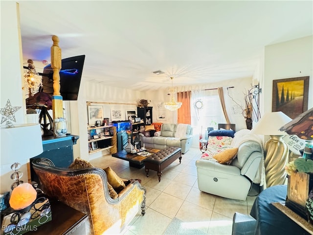 living room with light tile patterned flooring and a notable chandelier