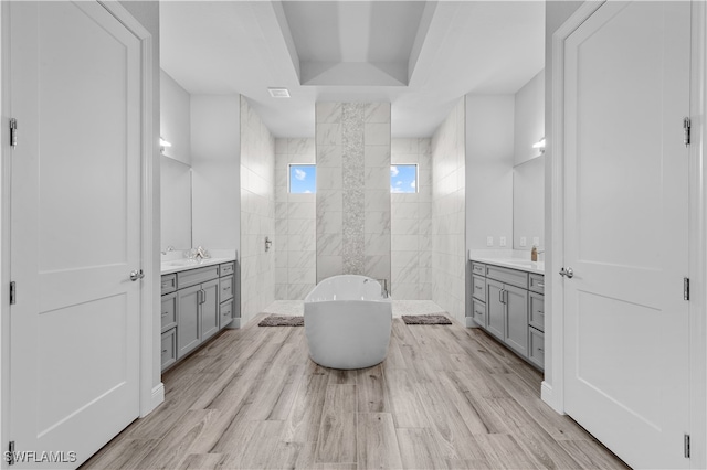 bathroom with plus walk in shower, wood-type flooring, and vanity