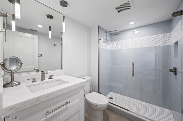 bathroom featuring toilet, vanity, and walk in shower