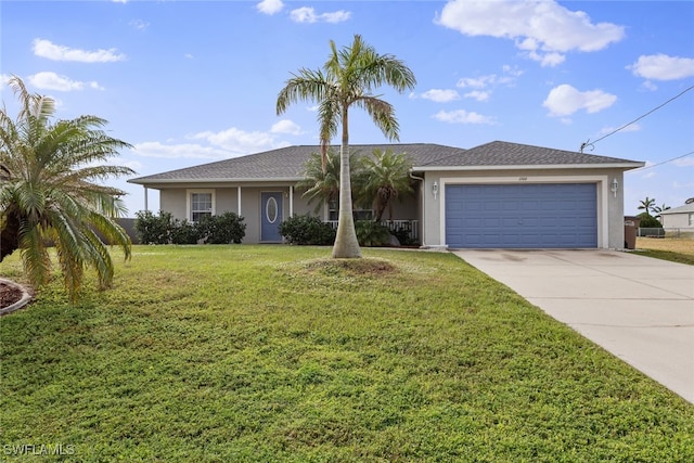 ranch-style house featuring a front yard and a garage