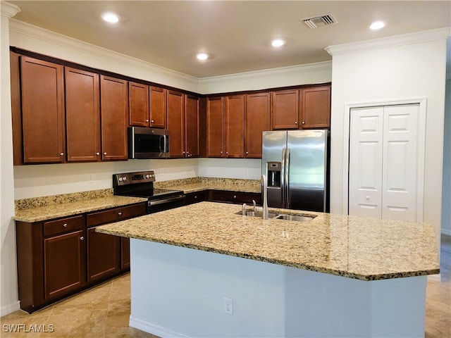 kitchen with a center island with sink, crown molding, sink, appliances with stainless steel finishes, and light stone counters